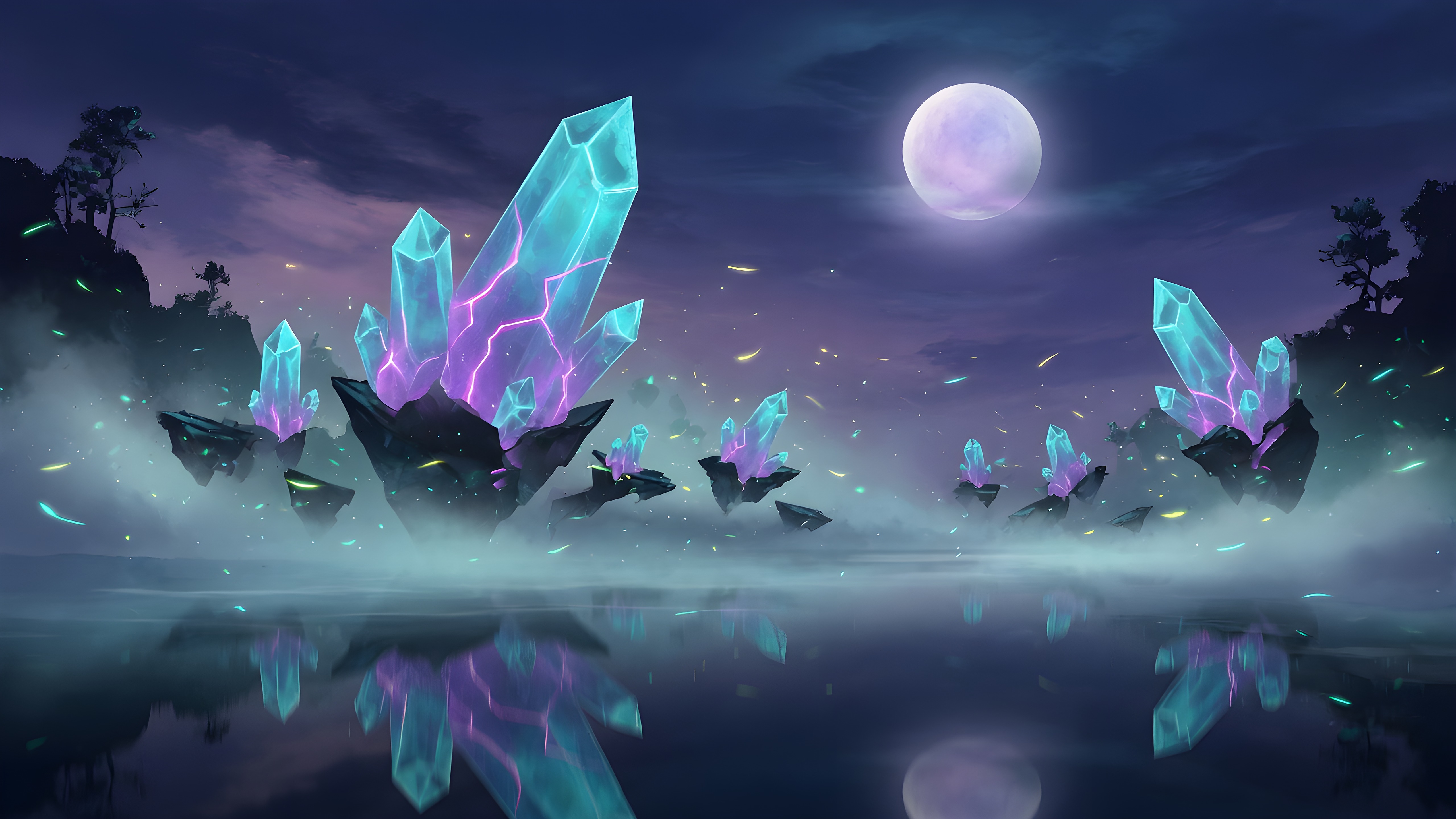 Crystal Mere theme — moonlit crystals over a mirror mere